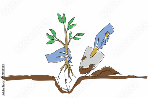 Single continuous line drawing hand holding shovel and small tree. Planting trees greens the earth. Spreads oxygen levels. Comfortable earth. National Arbor Day. One line design vector illustration