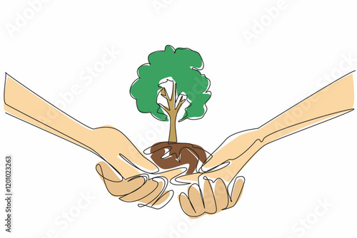Continuous one line drawing hands stacked on top of each other to support a tree with a mound of earth. Working together to plant trees. National Arbor Day. Single line draw design vector illustration