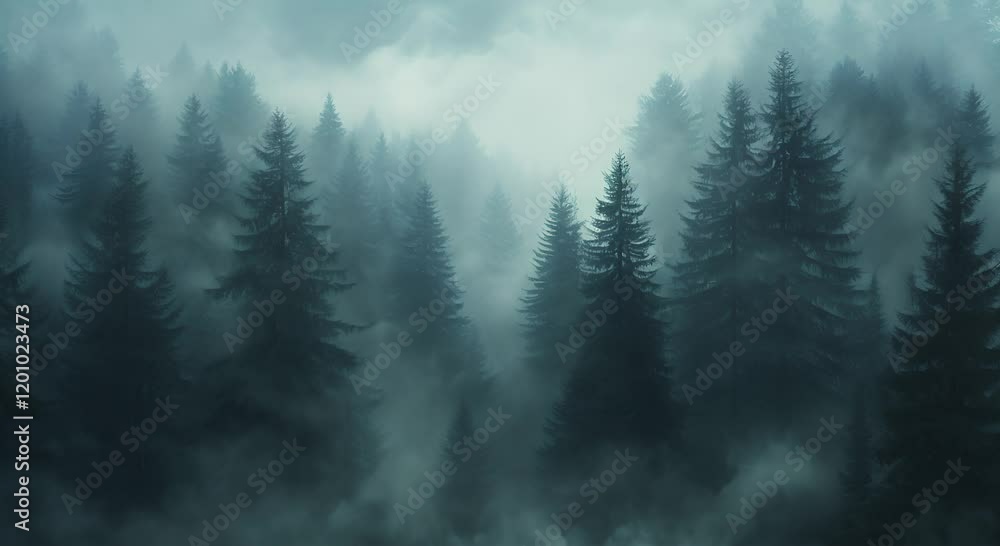 A misty forest landscape with tall evergreen trees shrouded in fog. A misty forest landscape with tall evergreen trees shrouded in fog.