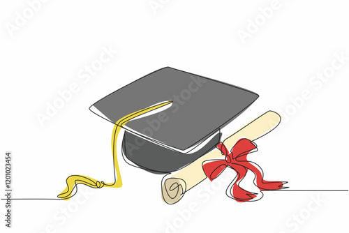 Single one line drawing graduation hat and ribbon graduation paper roll. Certificate of graduation. Best achievement. Satisfying. National Dissertation Day. Continuous line design graphic illustration