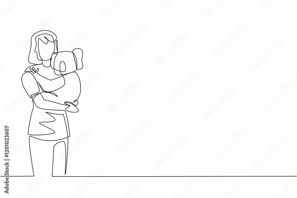 Single continuous line drawing a woman in casual clothes hugging a koala. Animals that have cute and adorable looks. Sleeping on a treetop. Hug an Australian Day. One line design vector illustration Single continuous line drawing a woman in casual clothes hugging a koala. Animals that have cute and adorable looks. Sleeping on a treetop. Hug an Australian Day. One line design vector illustration