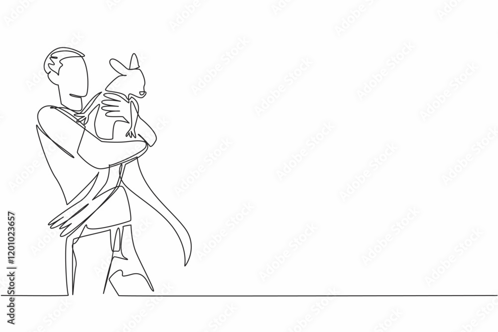 Single continuous line drawing man hugging kangaroo. Cared for since they were small, it is time to release them into their natural habitat. Hug an Australian Day. One line design vector illustration Single continuous line drawing man hugging kangaroo. Cared for since they were small, it is time to release them into their natural habitat. Hug an Australian Day. One line design vector illustration