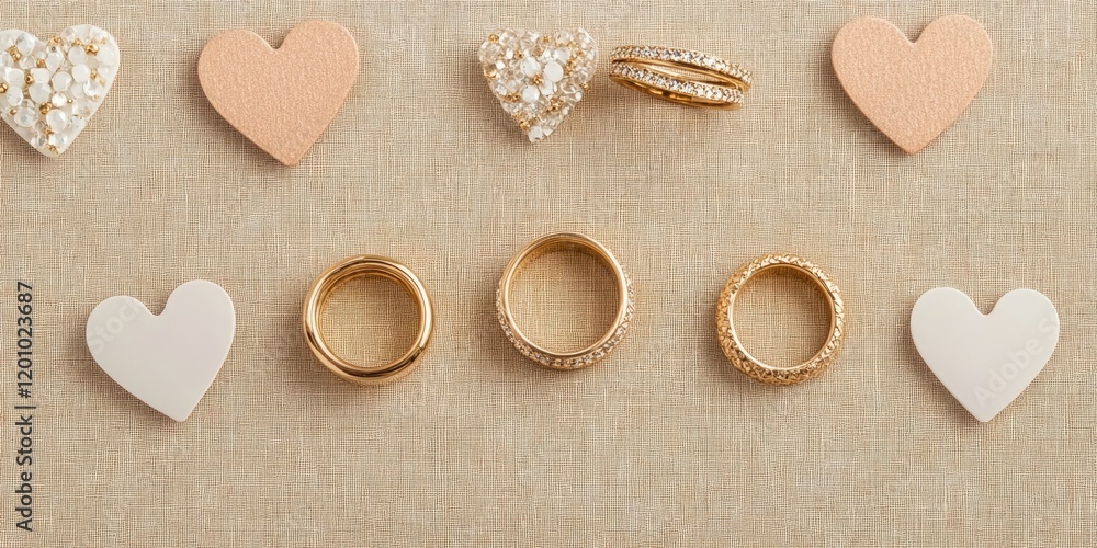 Obraz premium Elegant gold wedding rings arranged in a flat lay with heart-shaped pins in soft peach and ivory tones on a textured beige background.