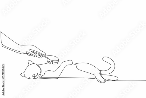 Single one line drawing hand combing a sleeping cat with an animal comb. Simple care that requires patience. Concern. National Hairball Awareness Day. Continuous line design graphic illustration