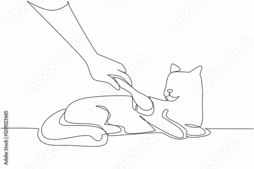Continuous one line drawing cat lying down and being combed by animal brush. Caring with tenderness. Best care. Grooming. National Hairball Awareness Day. Single line draw design vector illustration