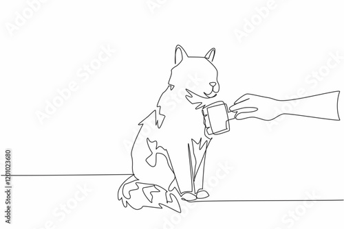 Single continuous line drawing hand combing a sitting cat with an animal comb. Take care of the beloved cat with care. Comfort. National Hairball Awareness Day. One line design vector illustration