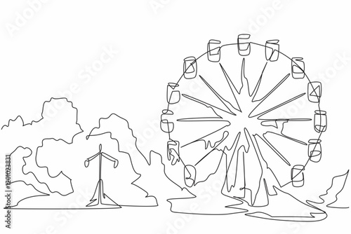 Continuous one line drawing broken and neglected ferris wheel in the amusement park. A place without civilization. International Chernobyl Remembrance Day. Single line draw design vector illustration