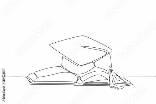 Single continuous line drawing graduation cap on top of open thick book. Encouragement to achieve academic degrees. Seriousness learning. National Dissertation Day. One line design vector illustration