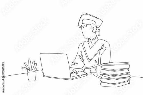 Single continuous line drawing a man wearing a graduation gown complete with a hat. The spirit of working on a dissertation. Graduated. National Dissertation Day. One line design vector illustration
