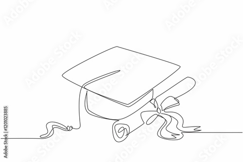 Single one line drawing graduation hat and ribbon graduation paper roll. Certificate of graduation. Best achievement. Satisfying. National Dissertation Day. Continuous line design graphic illustration