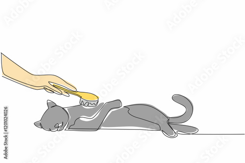 Single one line drawing hand combing a sleeping cat with an animal comb. Simple care that requires patience. Concern. National Hairball Awareness Day. Continuous line design graphic illustration