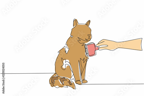 Single continuous line drawing hand combing a sitting cat with an animal comb. Take care of the beloved cat with care. Comfort. National Hairball Awareness Day. One line design vector illustration