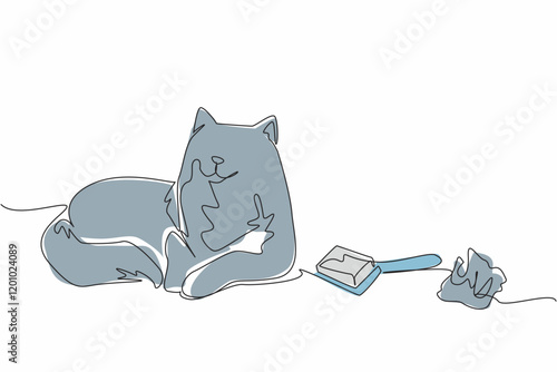 Single one line drawing cat lying down with fur and hairball. Regular maintenance prevents health problems. Blockage. National Hairball Awareness Day. Continuous line design graphic illustration
