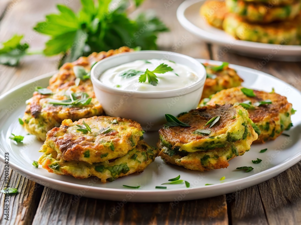 Delicious Zucchini Fritters with Creamy Yogurt Dip on White Plate Delicious Zucchini Fritters with Creamy Yogurt Dip on White Plate