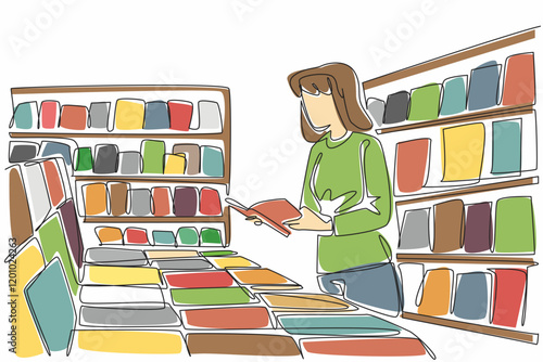 Single continuous line drawing woman in casual clothes is reading a book in a bookstore. Visiting a newly opened bookstore. Education. Independent Bookstore Day. One line design vector illustration