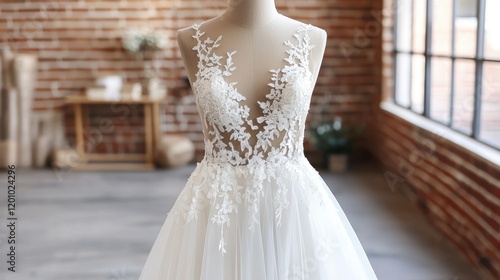 Lace wedding dress showroom display photo