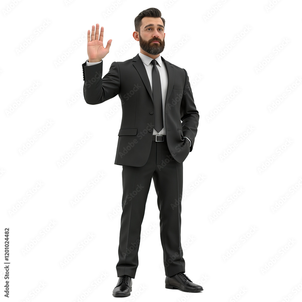 Man in black suit with hand raised and transparent background Man in black suit with hand raised and transparent background