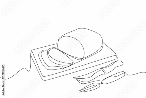 Single one line drawing boneless prime rib cut into 2 small slices. The presentation method of chef makes it easier for consumers. National Prime Rib Day. Continuous line design graphic illustration