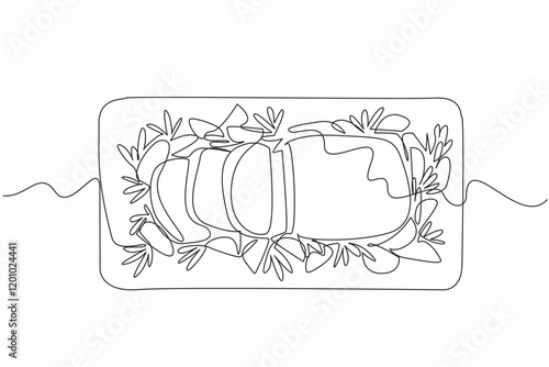 Continuous one line drawing prime rib and some cut into small slices and some fried potato wedges. High protein dish. Delicious. National Prime Rib Day. Single line draw design vector illustration