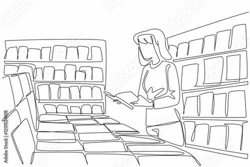 Single continuous line drawing woman in casual clothes is reading a book in a bookstore. Visiting a newly opened bookstore. Education. Independent Bookstore Day. One line design vector illustration