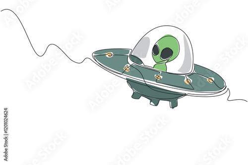Single continuous line drawing alien riding a ufo. Flying saucer. Long and tiring journey in space. Preparing to invade. Need a place to stop. Fantasy. Alien Day. One line design vector illustration
