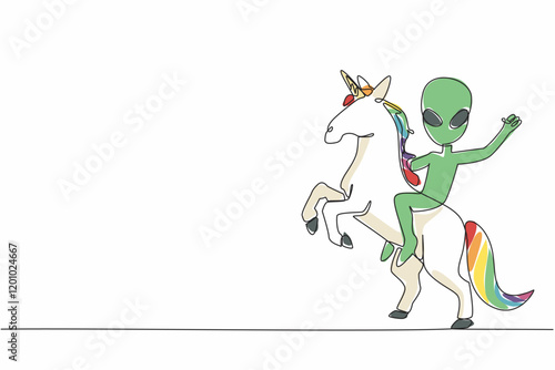 Single one line drawing alien riding a unicorn. Aliens really enjoy making friends with unicorns. Friendship in space. Mystery story. Cute. Myth. Alien Day. Continuous line design graphic illustration