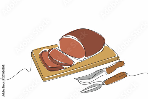 Single one line drawing boneless prime rib cut into 2 small slices. The presentation method of chef makes it easier for consumers. National Prime Rib Day. Continuous line design graphic illustration