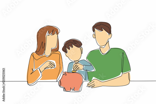 Continuous one line drawing boy putting coins into piggy bank. Teaches frugal living and liking to save. Future bright. National Teach Children to Save Day. Single line draw design vector illustration