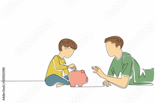 Single continuous line drawing father lying on stomach accompanying his son putting coins into the piggy bank. Hobby of saving. National Teach Children to Save Day. One line design vector illustration