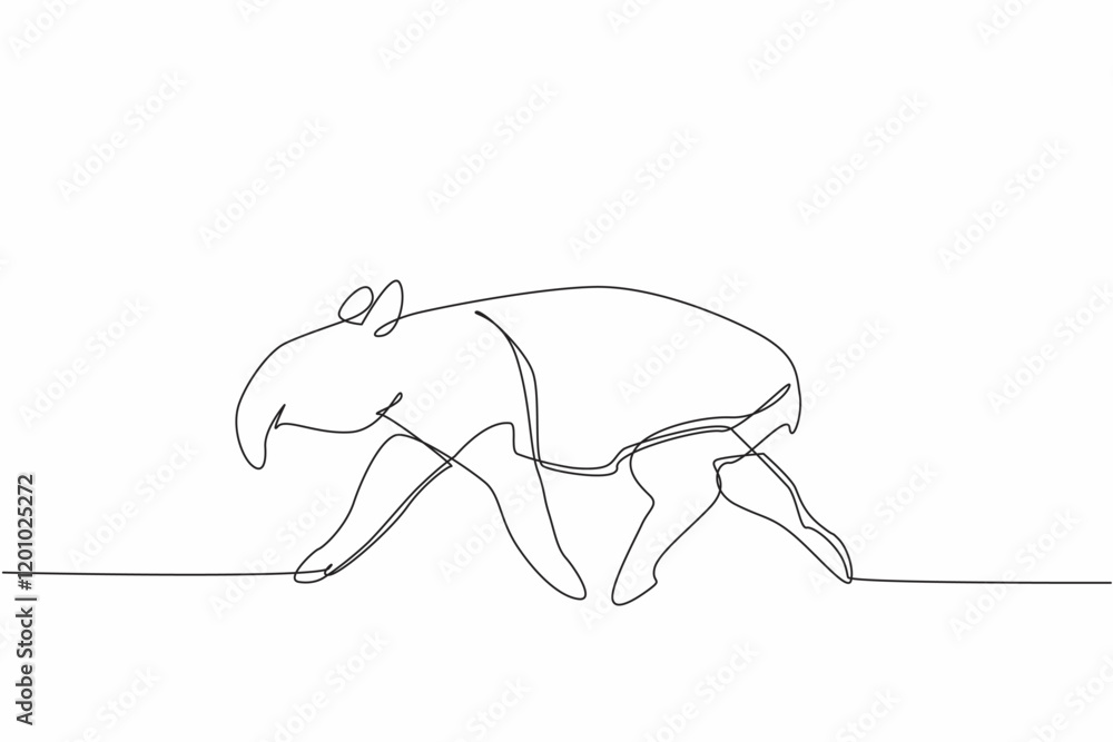 Single one line drawing tapir pose. The characteristic of this animal is that it has a unique nose. This animal is almost extinct. Tapirus. World Tapir Day. Continuous line design graphic illustration Single one line drawing tapir pose. The characteristic of this animal is that it has a unique nose. This animal is almost extinct. Tapirus. World Tapir Day. Continuous line design graphic illustration