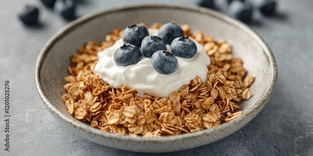 Granola with yogurt and blueberries in a gray bowl against a soft gray background showcasing rich brown and creamy white tones with vibrant blue accents Granola with yogurt and blueberries in a gray bowl against a soft gray background showcasing rich brown and creamy white tones with vibrant blue accents