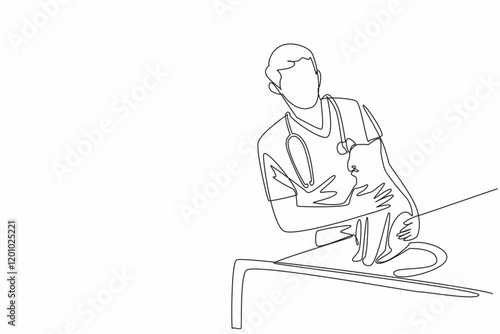 Continuous one line drawing male veterinarian embracing cat sitting on treatment bed. Showing affection. Caring with full affection. World Veterinary Day. Single line draw design vector illustration