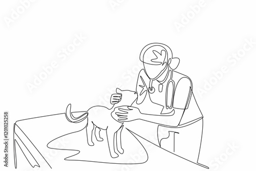 Single continuous line drawing female veterinarian examining head of cat. Check carefully. Focus on the eyes. Performing a diagnosis. Work. World Veterinary Day. One line design vector illustration