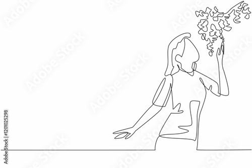 Single one line drawing a woman smells the scent of hanging flowers. Curious about the scent that is so fragrant. Luxury. National Sense Of Smell Day. Continuous line design graphic illustration