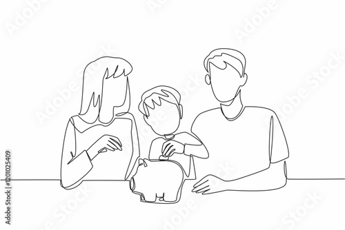 Continuous one line drawing boy putting coins into piggy bank. Teaches frugal living and liking to save. Future bright. National Teach Children to Save Day. Single line draw design vector illustration