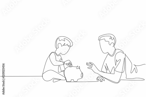Single continuous line drawing father lying on stomach accompanying his son putting coins into the piggy bank. Hobby of saving. National Teach Children to Save Day. One line design vector illustration