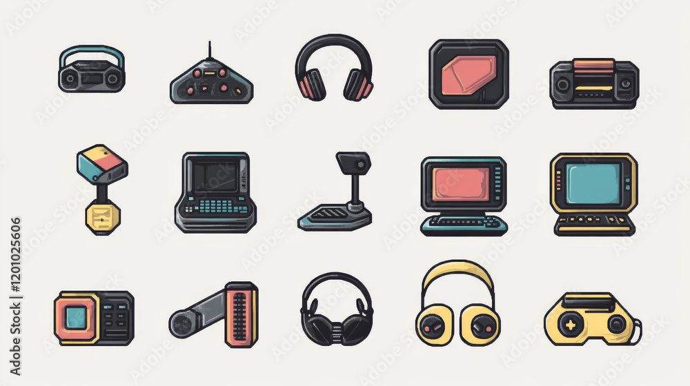 Electronic device and digital gadget retro icons. Computer, mobile phone and tablet, sound system, joystick and headphones, virtual reality glasses, transport navigation gadget and tv screen vector Electronic device and digital gadget retro icons. Computer, mobile phone and tablet, sound system, joystick and headphones, virtual reality glasses, transport navigation gadget and tv screen vector