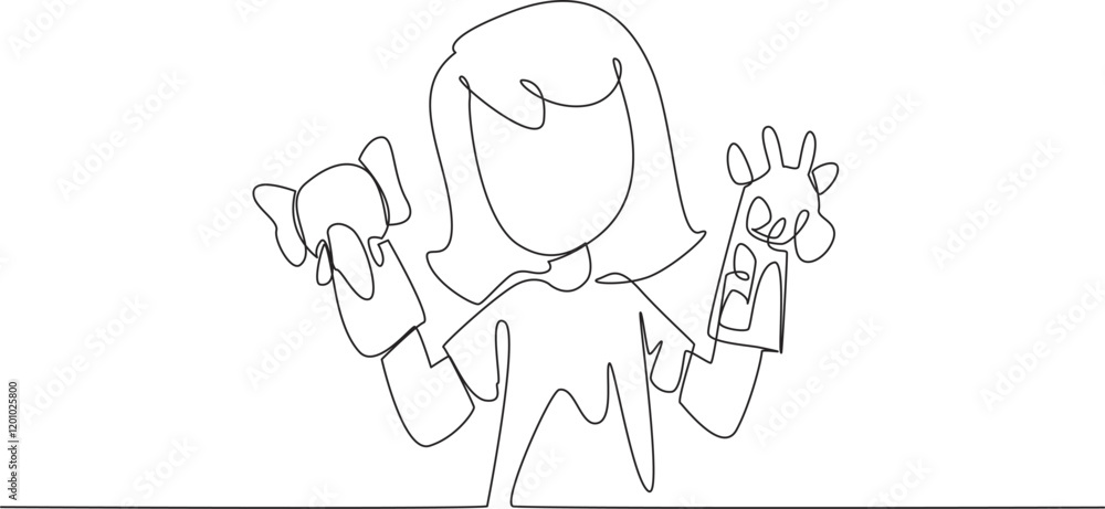 Fototapeta premium Single continuous line drawing girl playing elephant and giraffe hand puppets in both hands. Fiction story performance practice. Fable. National Day of Puppetry. One line design vector illustration