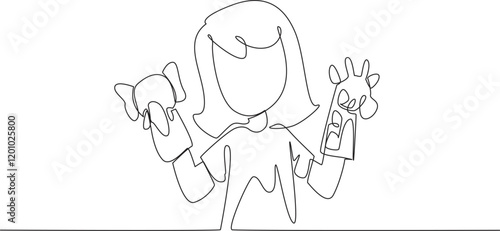 Single continuous line drawing girl playing elephant and giraffe hand puppets in both hands. Fiction story performance practice. Fable. National Day of Puppetry. One line design vector illustration