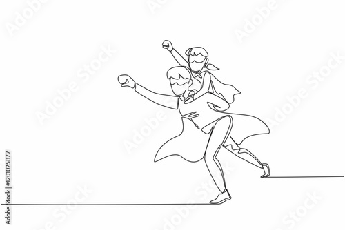 Single one line drawing mother carries her daughter on her back and poses as if she wants to fly. Will eradicate germs in the house. Autism Super Mom Day. Continuous line design graphic illustration