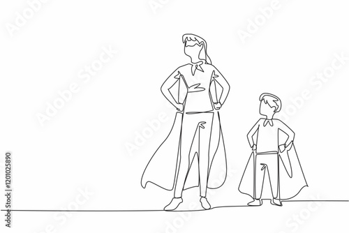 Continuous one line drawing mother and son stood and both hands held their waists. Two superheroes in a compact pose. Super family. Autism Super Mom Day. Single line draw design vector illustration