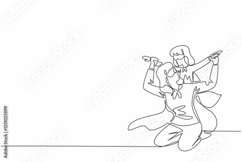Single continuous line drawing a mother and her daughter playing together. Work together to eradicate germs at home. Superhuman strength. Autism Super Mom Day. One line design vector illustration