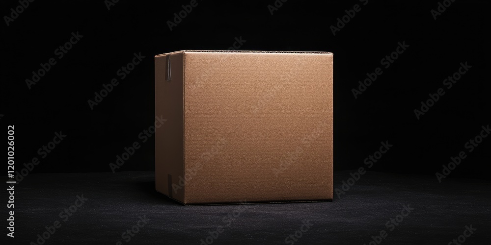 Closed brown cardboard box positioned centrally on a black background, showcasing textured surface and ample copy space around the box.