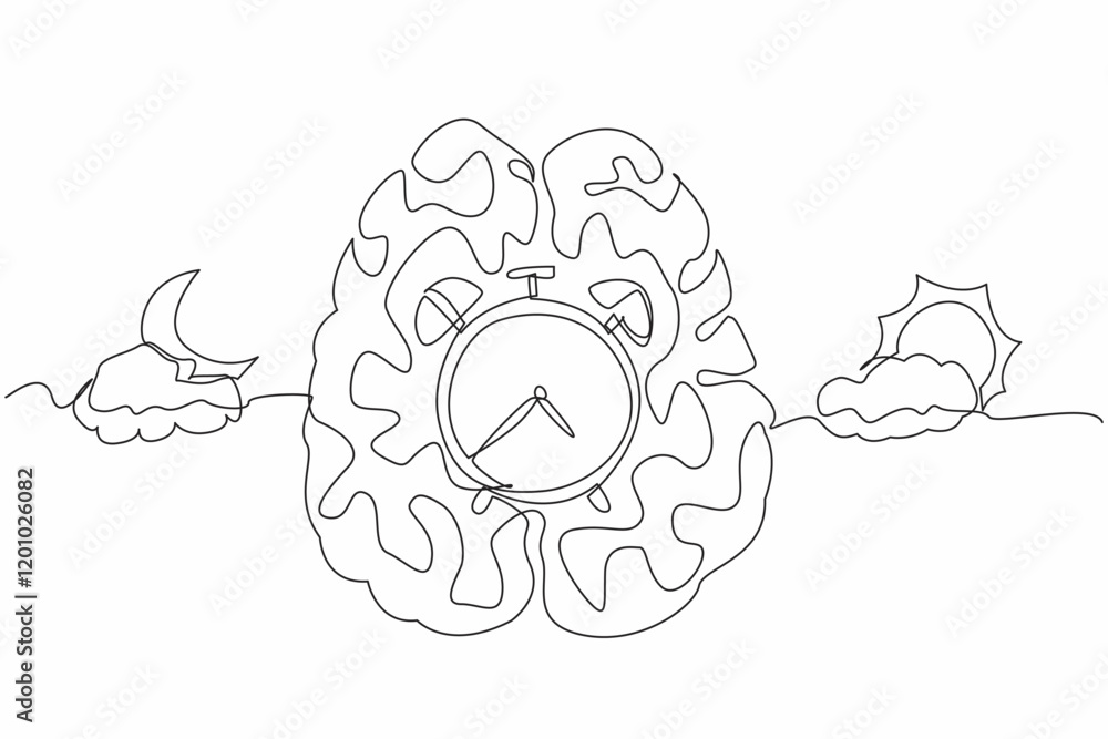 Single continuous line drawing in middle of brain is alarm clock, with a cloudy sun and a cloudy crescent moon. Automatic system of body. Biological Clock Day. One line design vector illustration Single continuous line drawing in middle of brain is alarm clock, with a cloudy sun and a cloudy crescent moon. Automatic system of body. Biological Clock Day. One line design vector illustration