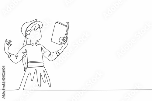 Continuous one line drawing a girl reading a book or poem with an attractive pose. Exploring hidden talents. Female poet. Poetic. Great Poetry Reading Day. Single line draw design vector illustration