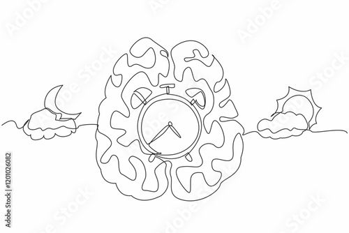 Single continuous line drawing in middle of brain is alarm clock, with a cloudy sun and a cloudy crescent moon. Automatic system of body. Biological Clock Day. One line design vector illustration