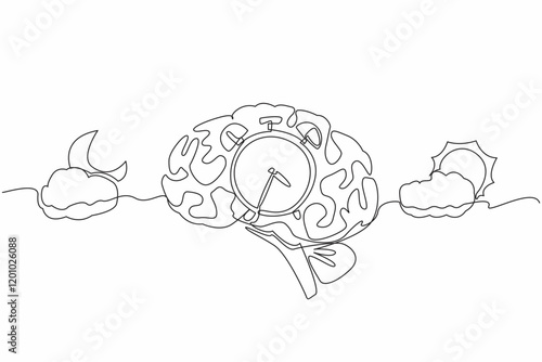 Single one line drawing alarm clock in the middle of the brain with cloudy sun and cloudy crescent moon. Natural biological rhythms. Biological Clock Day. Continuous line design graphic illustration