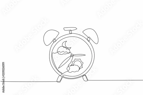Single one line drawing alarm clock which has a picture of a cloudy crescent moon and a picture of a cloudy sun. Circadian rhythm. Biological Clock Day. Continuous line design graphic illustration