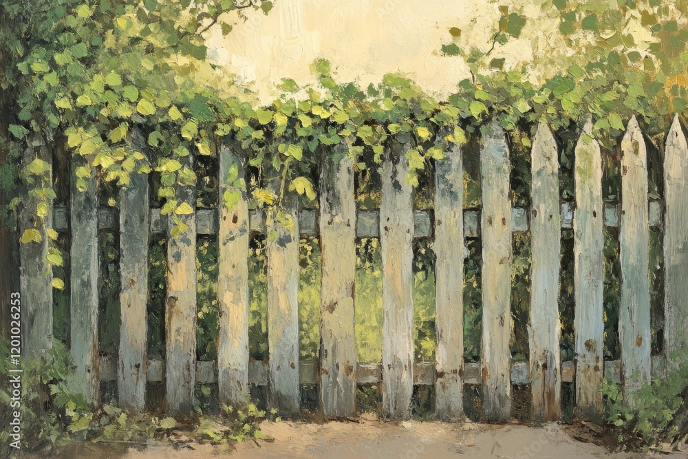 White picket fence with green leafy vines. White picket fence with green leafy vines.