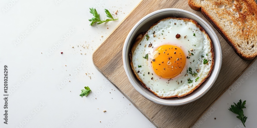 Fried egg with golden yolk in a white ceramic bowl on a wooden cutting board with toast against a white background fresh parsley garnish Fried egg with golden yolk in a white ceramic bowl on a wooden cutting board with toast against a white background fresh parsley garnish